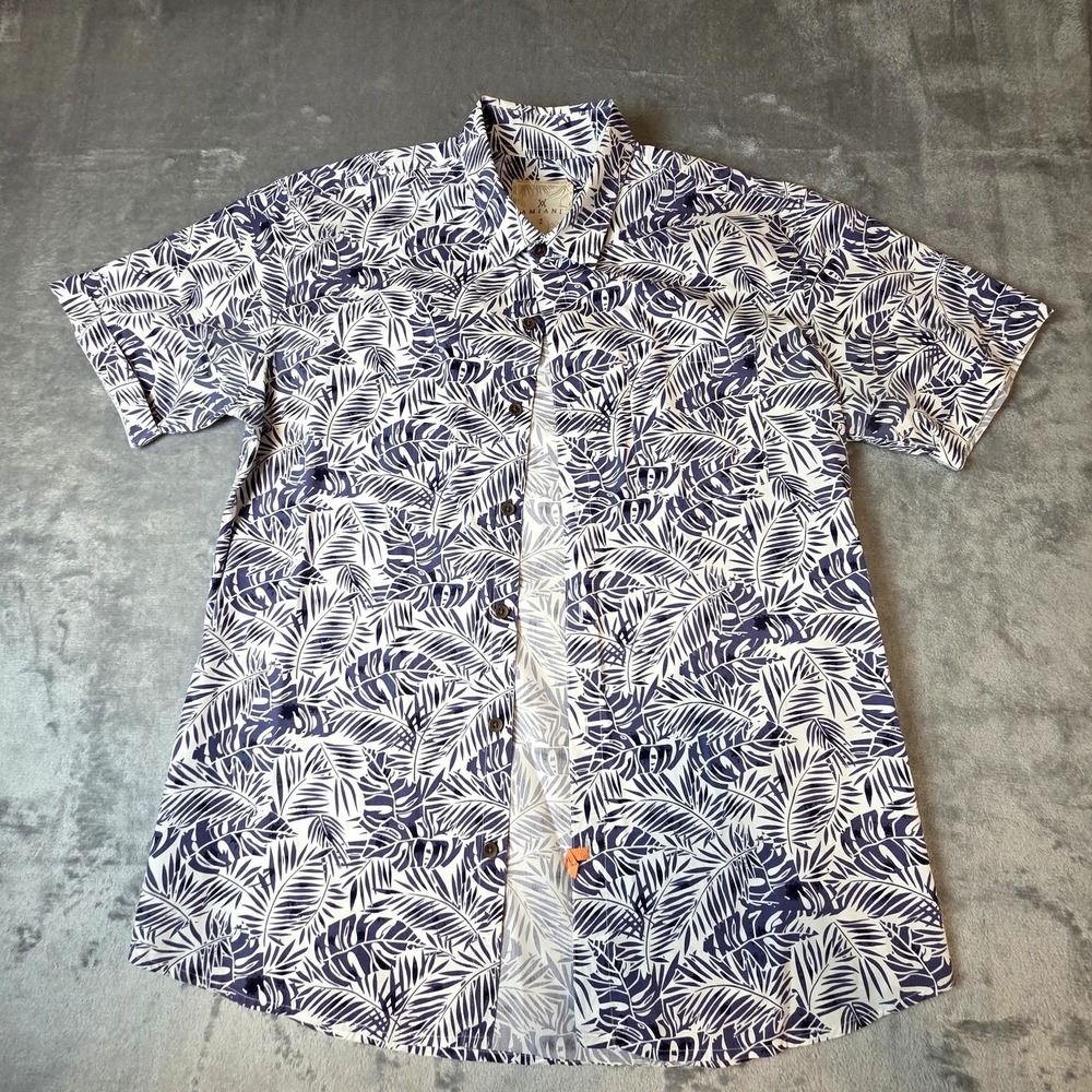 Amiani Button Down Shirt Mens Medium Blue White Tropical Palm Leaf Excellent